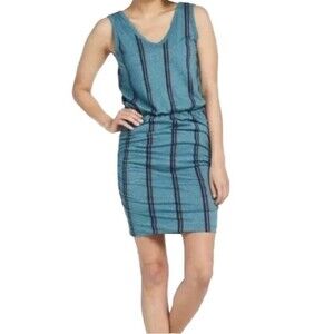 D126 Sundry Teal Stripe Scrunch Dress Sleeveless V-Neck Size Large